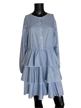 Simple Light Blue Gingham Tiered Long Sleeve Dress